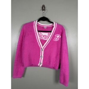 Barbie Pink Fuzzy Varsity Style Cropped Cardigan S Rhinestone Heart Y2K